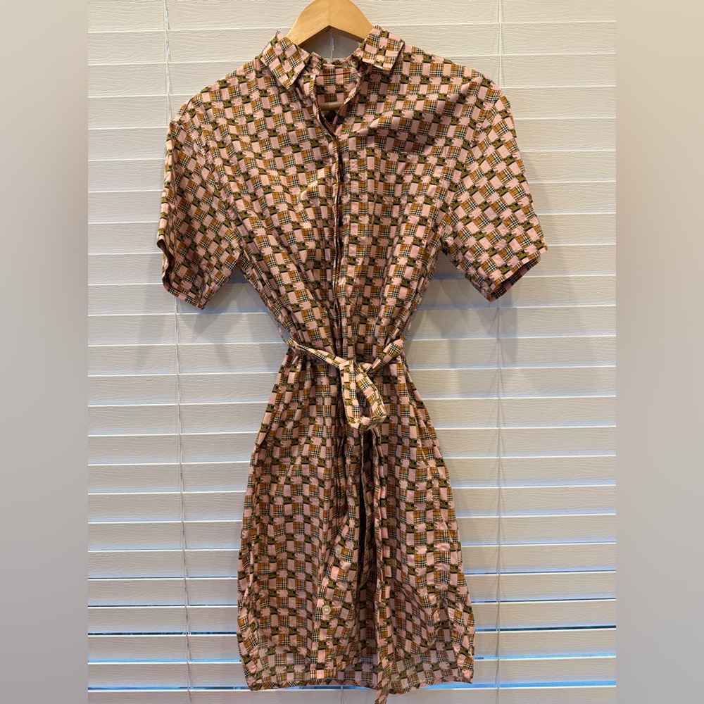 Tiled Archive Print Cotton Shirt Dress In Pink
